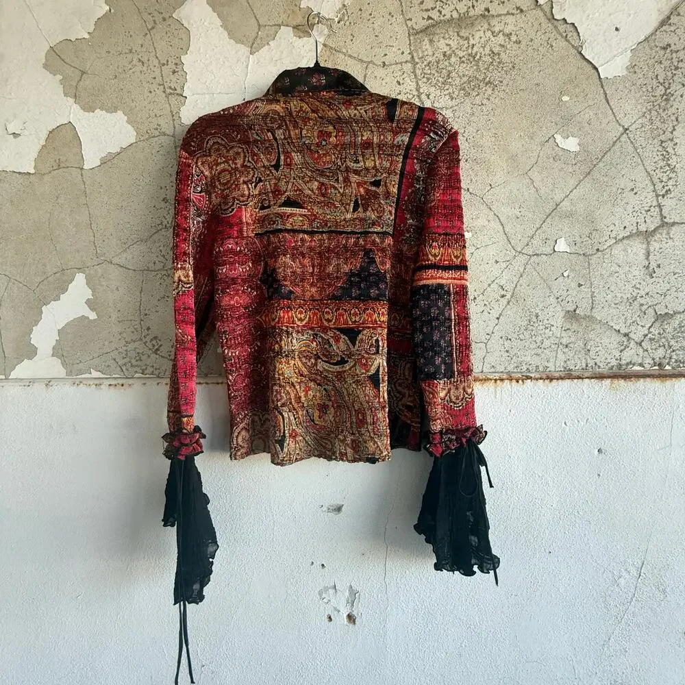 Vintage Ruffle Blouse Patchwork Crinkle Chiffon‎ Ornate Baroque Glam Maximalist - Picture 4 of 6